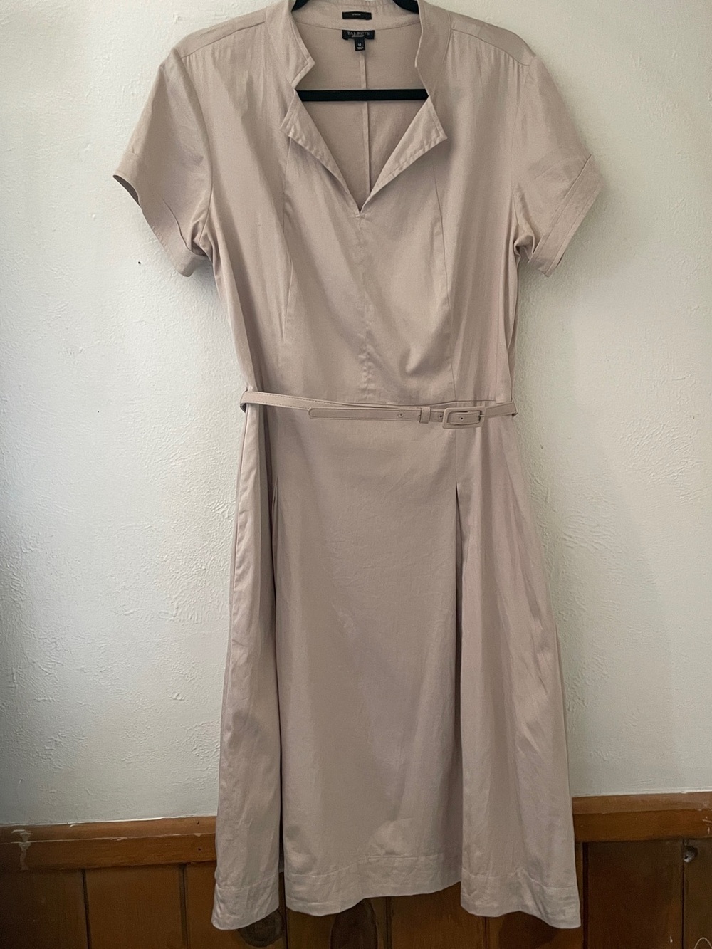 Talbots Beige Belted Midi Fit & Flare Dress Split V Neck Cotton Size 12